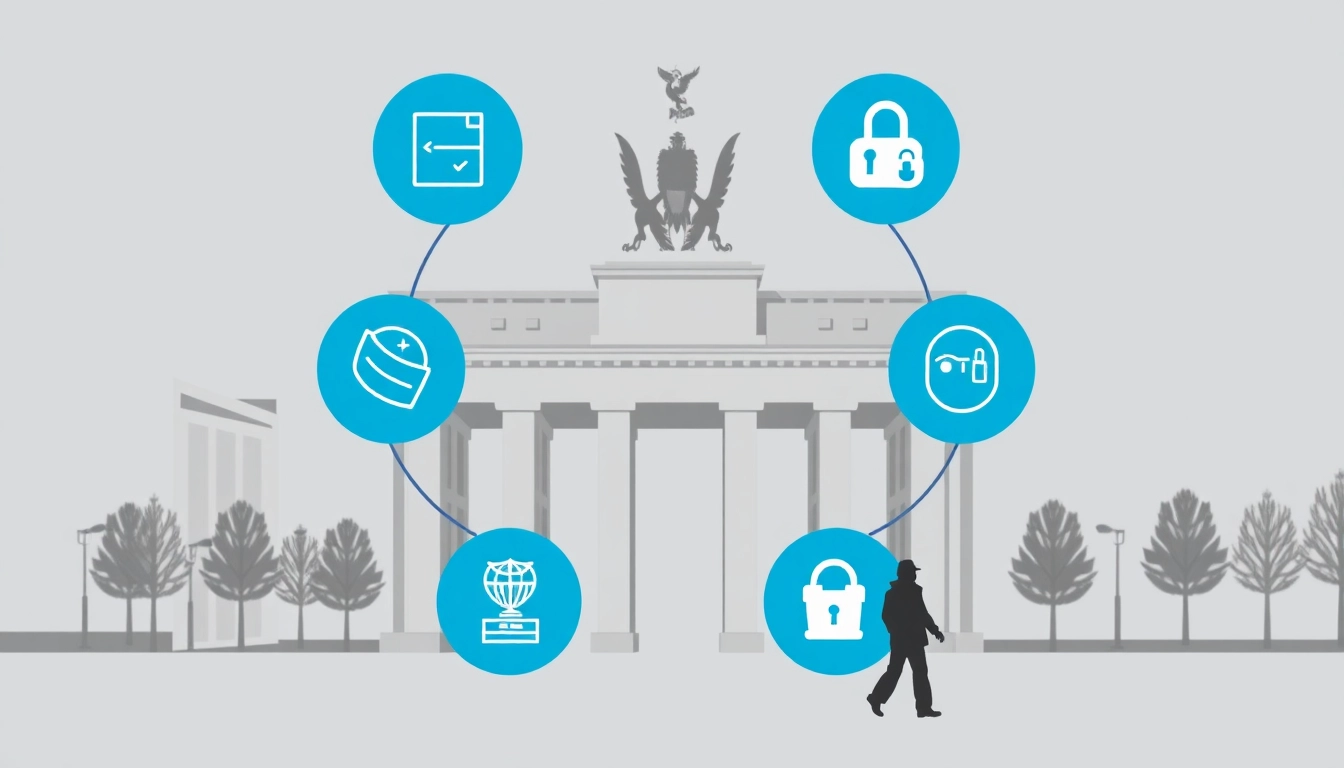 Grafik zur Industriespionage in Berlin mit Symbolen für Datenschutz und Unternehmenssicherheit