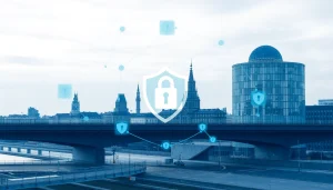 Illustration zur Industriespionage in Dresden mit Symbolen für Sicherheit und Informationsschutz