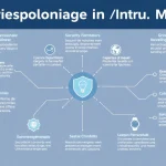 Eine Infografik zur Industriespionage in München, die Sicherheitsstrategien und Präventionsmaßnahmen darstellt.