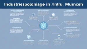 Eine Infografik zur Industriespionage in München, die Sicherheitsstrategien und Präventionsmaßnahmen darstellt.