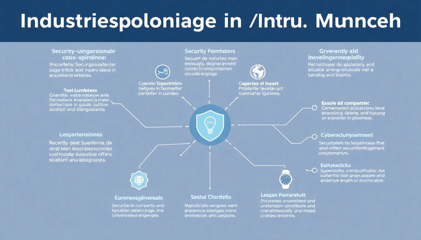 Eine Infografik zur Industriespionage in München, die Sicherheitsstrategien und Präventionsmaßnahmen darstellt.