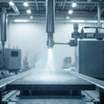 Ein Spritzgusswerkzeug auf einem industriellen Fertigungsband, das für die Kunststoffproduktion verwendet wird.