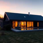 Exquisite nordzypern immobilien, moderne Villa mit Garten und Meerblick, in warmen Farbtönen beleuchtet.