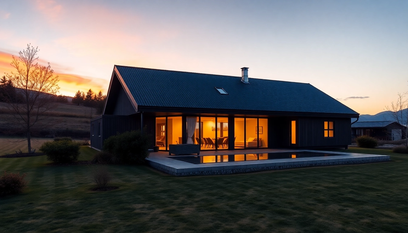 Exquisite nordzypern immobilien, moderne Villa mit Garten und Meerblick, in warmen Farbtönen beleuchtet.