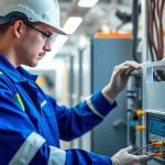 Technician performing a DGUV V3 Prüfung on electrical equipment, emphasizing safety and professionalism.