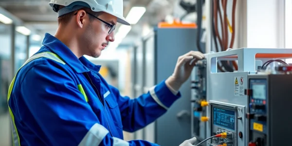 Technician performing a DGUV V3 Prüfung on electrical equipment, emphasizing safety and professionalism.