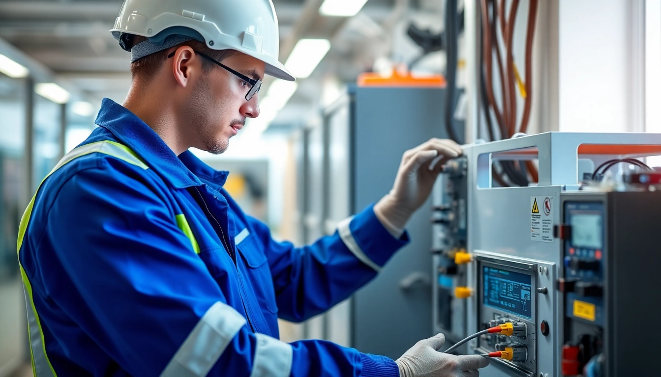 Technician performing a DGUV V3 Prüfung on electrical equipment, emphasizing safety and professionalism.