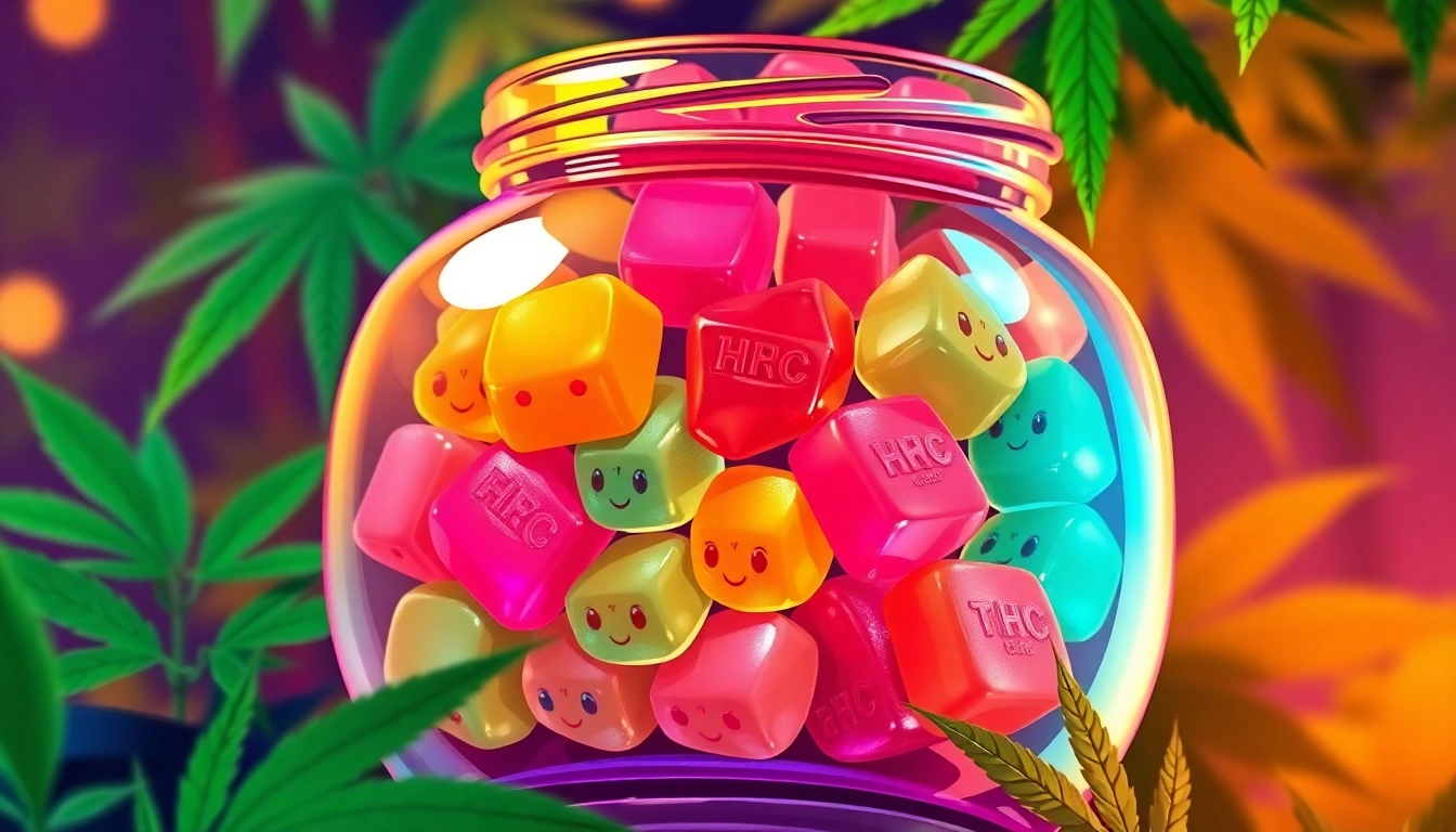 Enjoy vibrant THC gummibärchen displayed in a jar, showcasing their enticing colors.