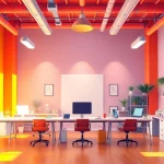 An engaging atmosphere at an Animation Agency showcasing creative works and tools in a modern workspace.