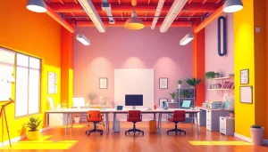 An engaging atmosphere at an Animation Agency showcasing creative works and tools in a modern workspace.