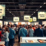 People networking at a job fair featuring Stellenangebote, showcasing diverse professionals and engaging interactions.