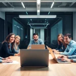 Beratungsteam der Top Unternehmensberatung diskutiert strategische Ansätze in einer modernen Büroumgebung.