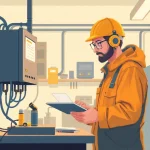 Technician performing Geräteprüfung on electrical equipment to ensure safety and compliance.