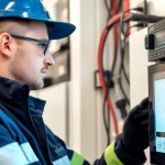 Professioneller Elektroprüfer führt eine DGUV V3 Prüfung an einem elektrischen Gerät durch.