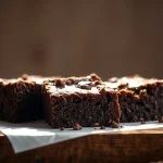 Leckere cannabis brownies, frisch gebacken mit schmelzender Schokolade und einer angenehmen Textur, serviert auf einem rustikalen Holzbrett.