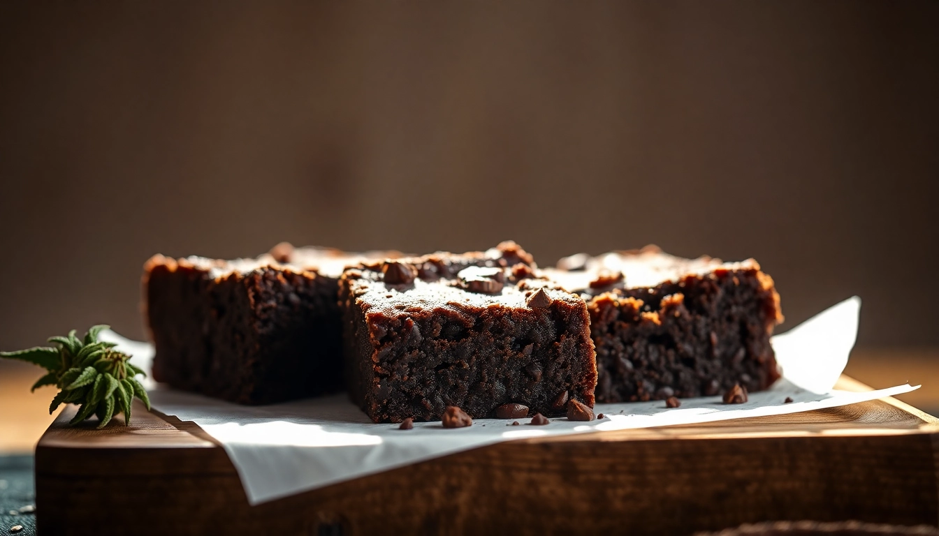 Leckere cannabis brownies, frisch gebacken mit schmelzender Schokolade und einer angenehmen Textur, serviert auf einem rustikalen Holzbrett.