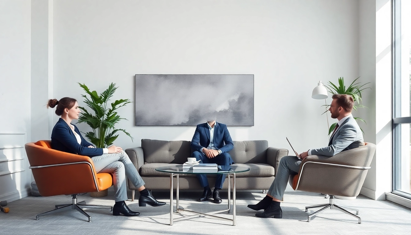 Beratungsgespräch über Unternehmensberatung Firmen mit einem fröhlichen Team in einem modernen Büro.