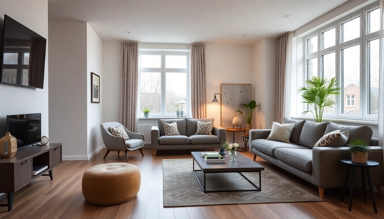Home Staging Experten Chiemsee gestalten einen stilvollen und einladenden Wohnraum mit warmem Licht.