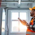Electrician conducting a DGUV V3 Prüfung for workplace safety inspection.