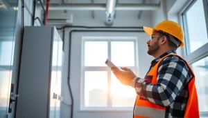 Electrician conducting a DGUV V3 Prüfung for workplace safety inspection.