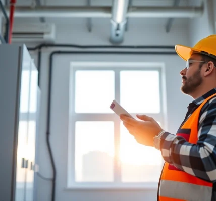 Electrician conducting a DGUV V3 Prüfung for workplace safety inspection.