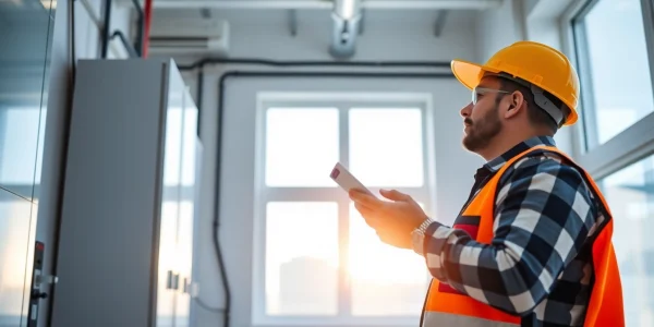 Electrician conducting a DGUV V3 Prüfung for workplace safety inspection.