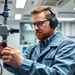 Techniker bei der Prüfung ortsveränderlicher elektrischer Betriebsmittel zur Gewährleistung der Sicherheit und Funktionalität.