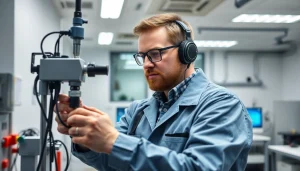 Techniker bei der Prüfung ortsveränderlicher elektrischer Betriebsmittel zur Gewährleistung der Sicherheit und Funktionalität.