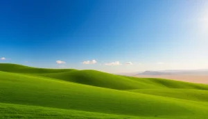 Klima landscape showcasing the contrast between lush greenery and a sunburnt desert under soft morning light.