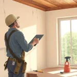 Hausrenovierung: Handwerker bei der Renovierung einer modernen Wohnumgebung mit natürlichem Licht und professionell angeordneten Werkzeugen.