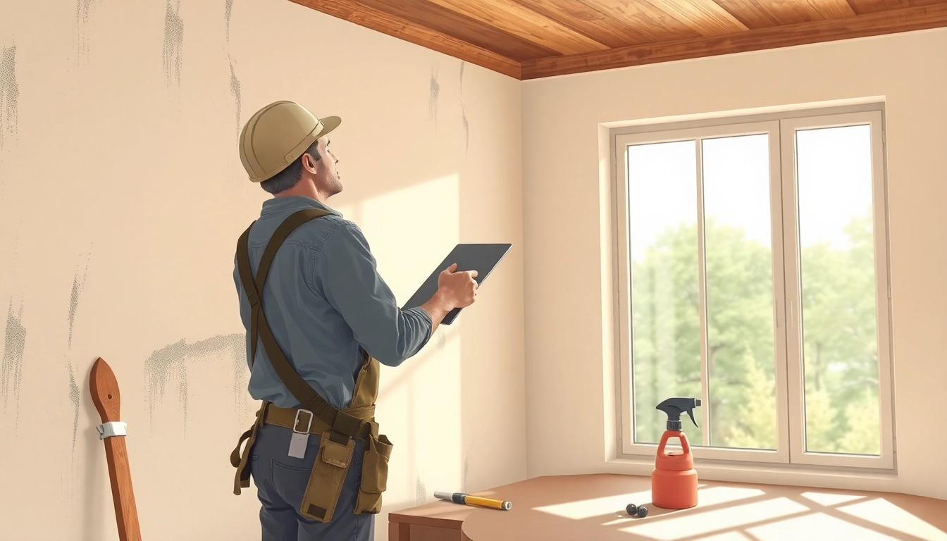 Hausrenovierung: Handwerker bei der Renovierung einer modernen Wohnumgebung mit natürlichem Licht und professionell angeordneten Werkzeugen.