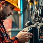 Inspecting for safety compliance during Prüfung ortsveränderlicher elektrischer Begtriebsmittel in a workshop.