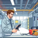 Technician performing prüfung ortsveränderlicher elektrischer betriebsmittel on equipment, ensuring safety and compliance.