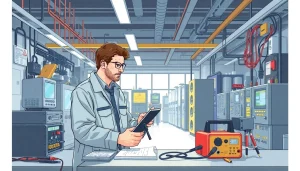 Technician performing prüfung ortsveränderlicher elektrischer betriebsmittel on equipment, ensuring safety and compliance.