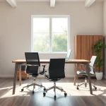 Büromöbel in einem modernen Büro mit ergonomischem Schreibtisch und bequemen Bürostuhl.