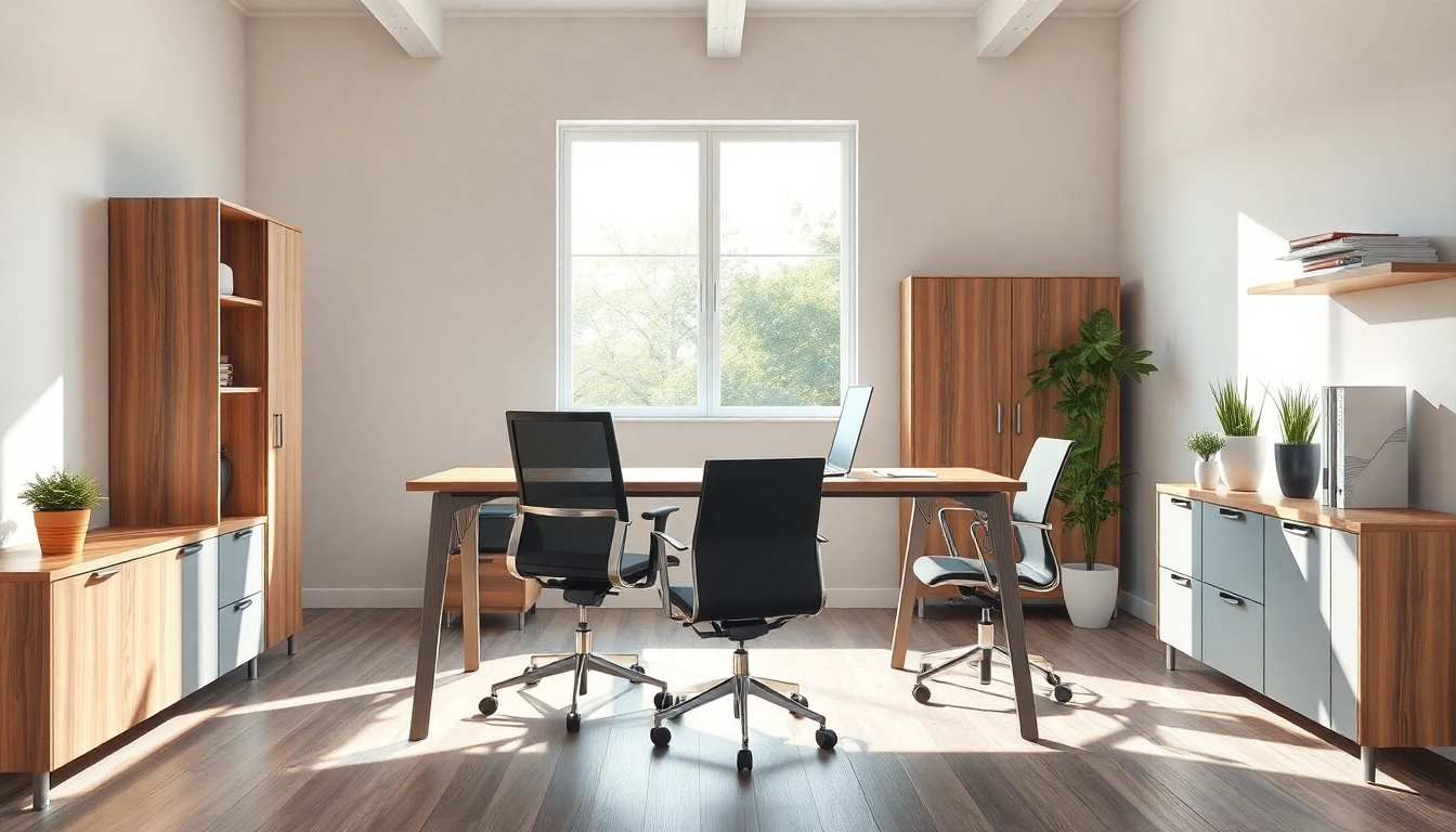Büromöbel in einem modernen Büro mit ergonomischem Schreibtisch und bequemen Bürostuhl.