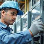 Electrician performing a DGUV V3 Prüfung on electrical equipment, ensuring workplace safety.