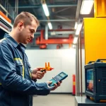 Technician conducting a Prüfung ortsveränderlicher elektrischer Betriebsmittel on portable electrical devices in an industrial environment.