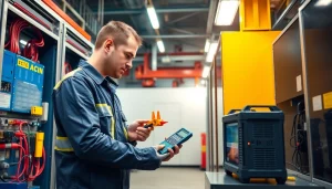 Technician conducting a Prüfung ortsveränderlicher elektrischer Betriebsmittel on portable electrical devices in an industrial environment.
