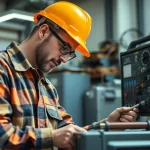 Inspecting Prüfung ortsveränderlicher elektrischer Betriebsmittel with proper tools in a bright workspace.