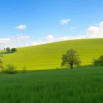 Klima in einer friedlichen, saftigen Landschaft mit sanften Hügeln und blauem Himmel.