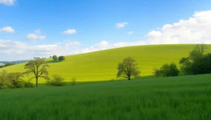 Klima in einer friedlichen, saftigen Landschaft mit sanften Hügeln und blauem Himmel.