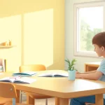 Ein Kind lernt zu Hause im Heimunterricht – einladende Lernumgebung mit Materialien.