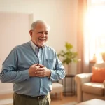 Pflegedienst: Eine einfühlsame Pflegerin unterstützt einen älteren Herrn beim Ankleiden in einem hellen Wohnzimmer.