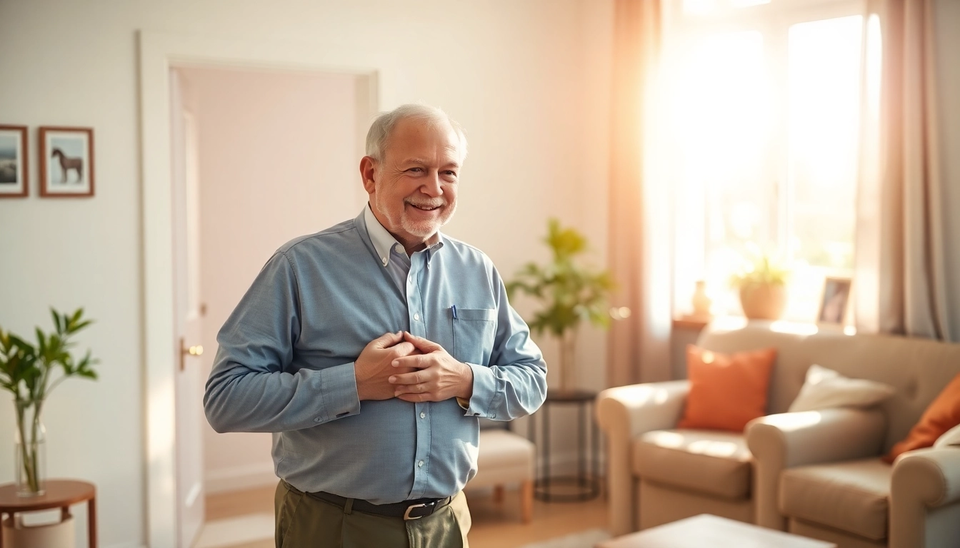 Pflegedienst: Eine einfühlsame Pflegerin unterstützt einen älteren Herrn beim Ankleiden in einem hellen Wohnzimmer.