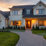 Modernes Einfamilienhaus bei Sonnenuntergang für den Hauskauf.