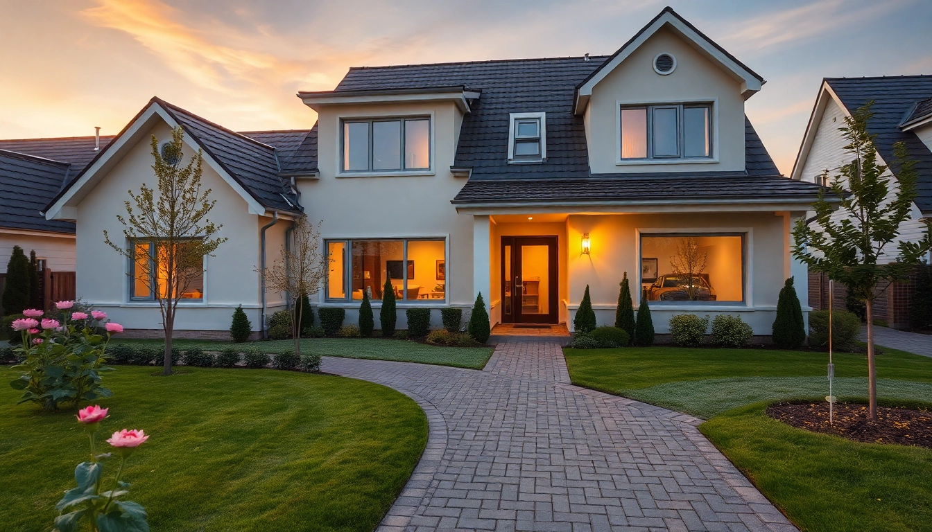 Modernes Einfamilienhaus bei Sonnenuntergang für den Hauskauf.