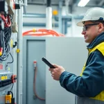 Technician performing DGUV V3 Prüfung on electrical equipment with a focus on safety and professionalism.