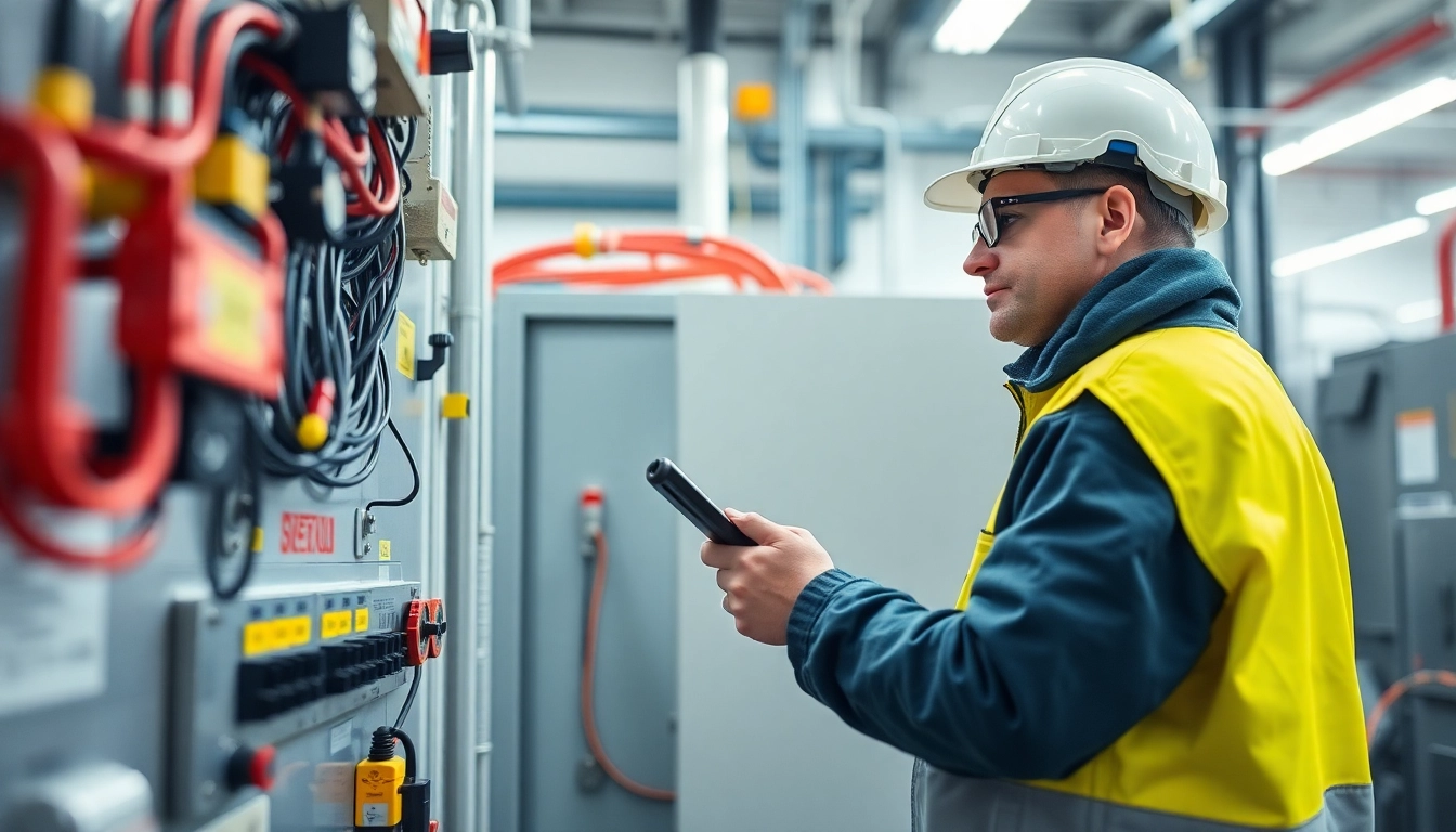 Technician performing DGUV V3 Prüfung on electrical equipment with a focus on safety and professionalism.