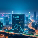 Visualisiere das SEO-Ranking in einer futuristischen Stadtlandschaft mit digitalen Anzeigen.